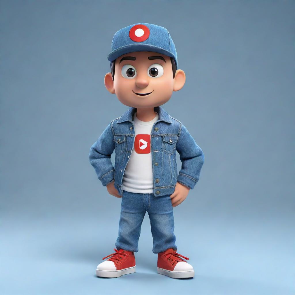 Produce a 3D illustration of an animated character prominently featuring the YouTube logo and styled in fashionable, casual attire including a denim jacket, sneakers, and a hat, watching the 'med kad' channel.