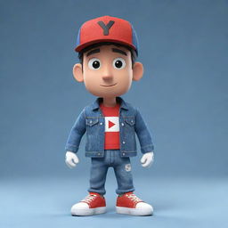 Produce a 3D illustration of an animated character prominently featuring the YouTube logo and styled in fashionable, casual attire including a denim jacket, sneakers, and a hat, watching the 'med kad' channel.