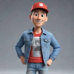 Produce a 3D illustration of an animated character prominently featuring the YouTube logo and styled in fashionable, casual attire including a denim jacket, sneakers, and a hat, watching the 'med kad' channel.