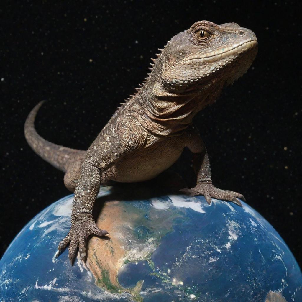 A gigantic lizard, larger than Earth itself, scaling the globe from outer space, with stars twinkling in the background.