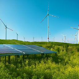 A serene green landscape with renewable energy sources like wind turbines and solar panels, thriving plant life, and clear blue skies implying a green life concept.