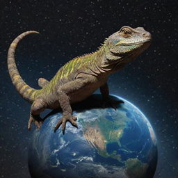 A gigantic lizard, larger than Earth itself, scaling the globe from outer space, with stars twinkling in the background.