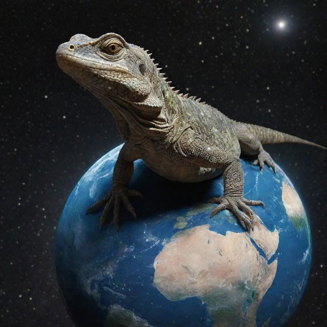 A gigantic lizard, larger than Earth itself, scaling the globe from outer space, with stars twinkling in the background.