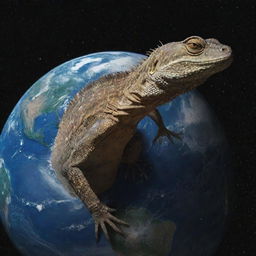 A gigantic lizard, larger than Earth itself, scaling the globe from outer space, with stars twinkling in the background.