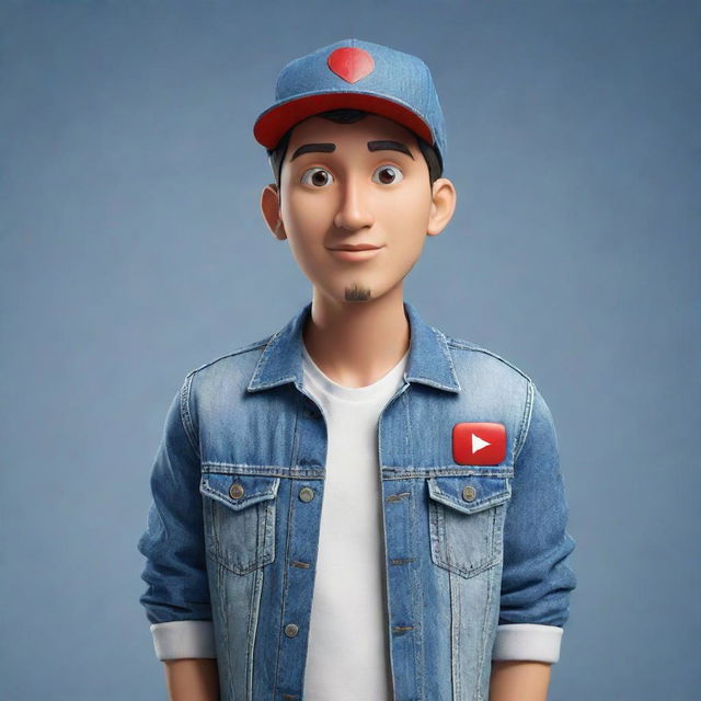 Create a 3D illustration of an animated character stylishly displaying the YouTube logo, adorned in fashionable casual clothes like a denim jacket, sneakers and a hat, watching the 'med kad' channel.