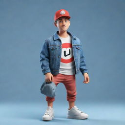 Create a 3D illustration of an animated character stylishly displaying the YouTube logo, adorned in fashionable casual clothes like a denim jacket, sneakers and a hat, watching the 'med kad' channel.