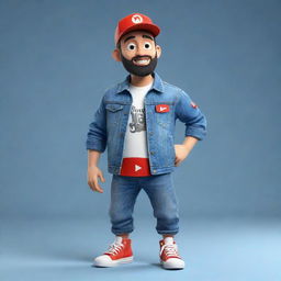 Create a 3D illustration of an animated character stylishly displaying the YouTube logo, adorned in fashionable casual clothes like a denim jacket, sneakers and a hat, watching the 'med kad' channel.