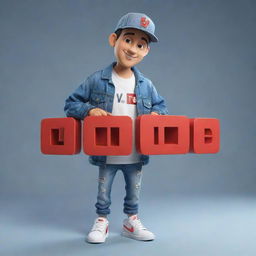 Create a 3D illustration of an animated character stylishly displaying the YouTube logo, adorned in fashionable casual clothes like a denim jacket, sneakers and a hat, watching the 'med kad' channel.