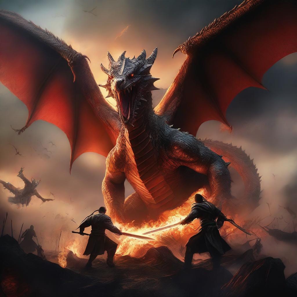 A high-quality digital art piece depicting a fierce battle between humans and dragons