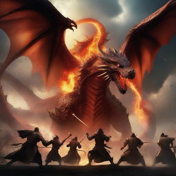 A high-quality digital art piece depicting a fierce battle between humans and dragons