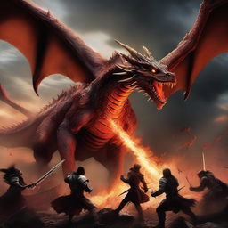 A high-quality digital art piece depicting a fierce battle between humans and dragons