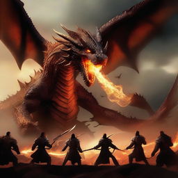 A high-quality digital art piece depicting a fierce battle between humans and dragons