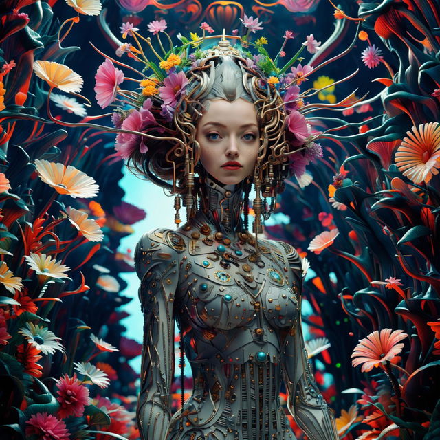 Hyper-realistic 3D photography of a rococo-inspired cyberpunk robotic woman with a mechanical amulet in a vibrant, mechanical flower-filled forest. She embodies an eerie, futuristic elegance with her intricate metallic body and neon-lit attire.