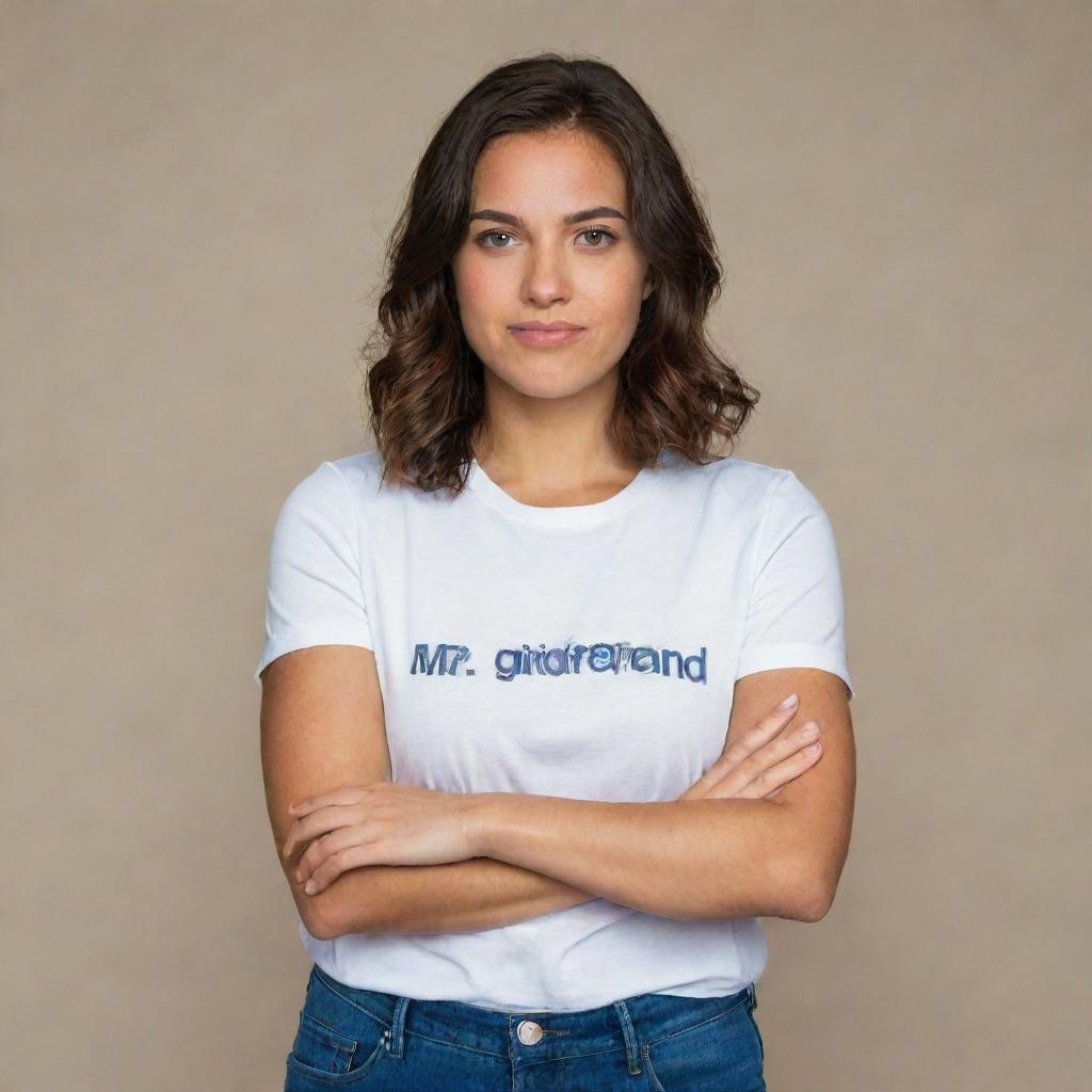 A woman standing confidently with her arms crossed, wearing a T-shirt with the text 'Mr. Girlfriend' emblazoned across the front.