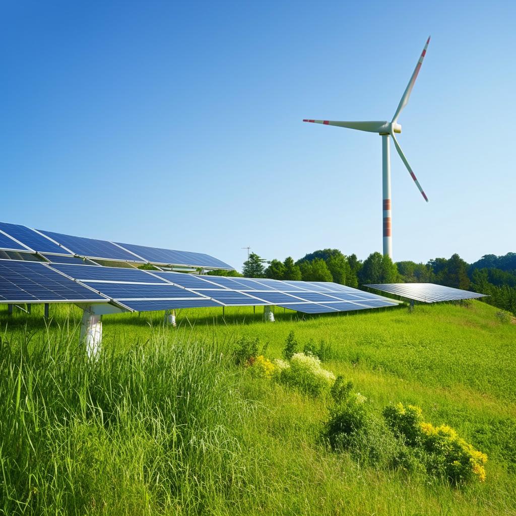 A serene green landscape with renewable energy sources like wind turbines and solar panels, thriving plant life, and clear blue skies implying a green life concept.