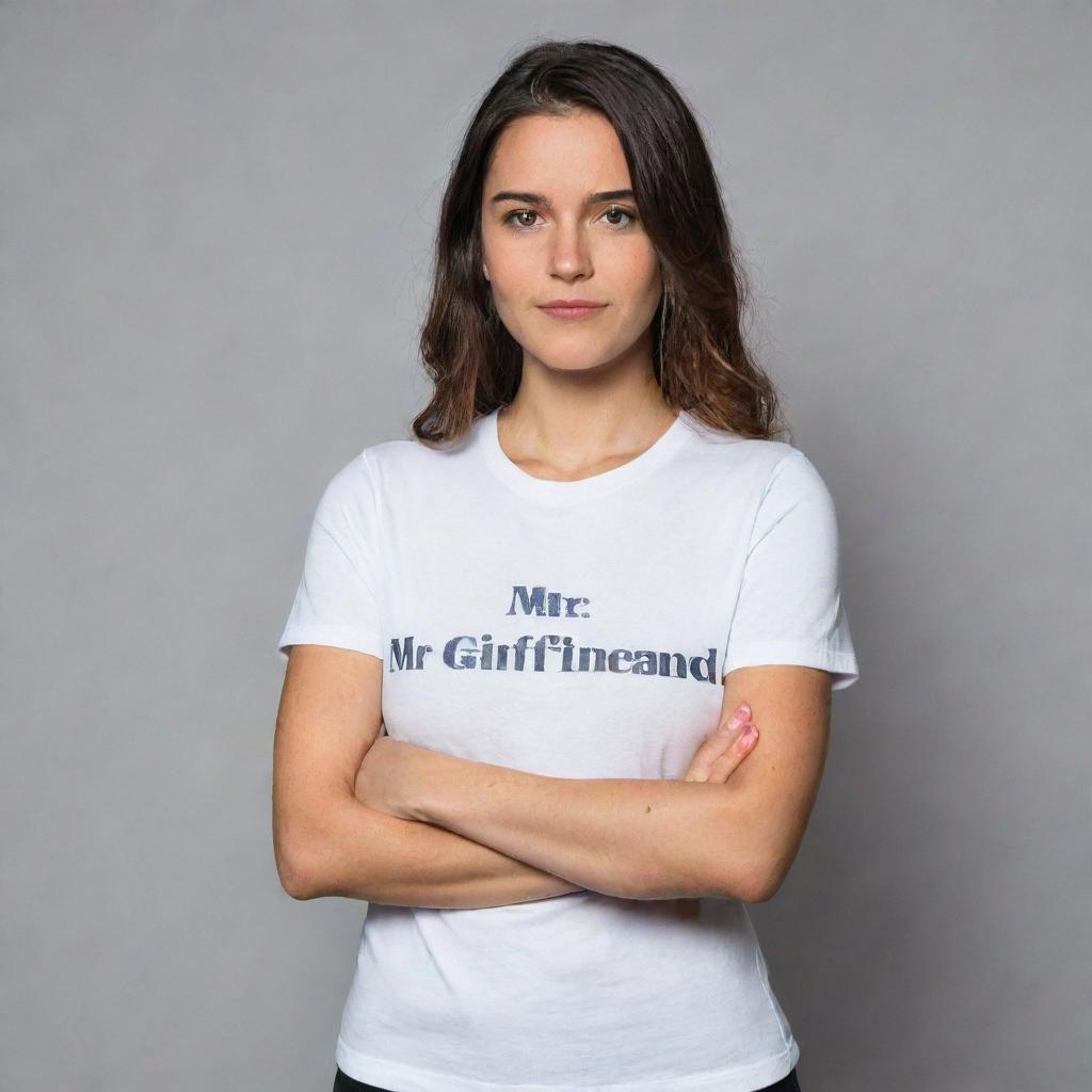 A woman standing confidently with her arms crossed, wearing a T-shirt with the text 'Mr. Girlfriend' emblazoned across the front.