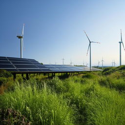 A serene green landscape with renewable energy sources like wind turbines and solar panels, thriving plant life, and clear blue skies implying a green life concept.