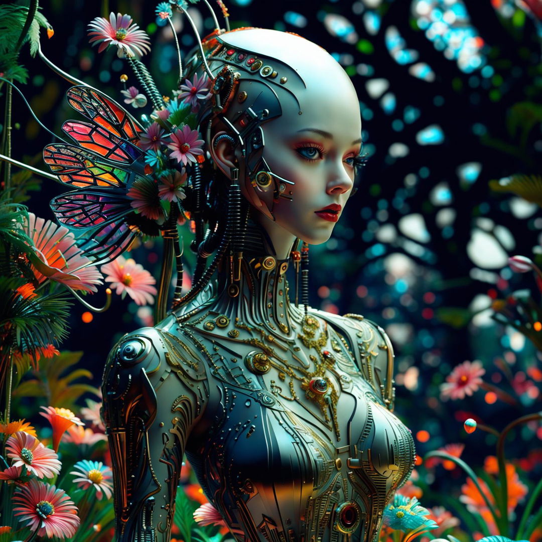 Hyper-realistic 3D photography of a rococo-inspired cyberpunk robotic woman with a mechanical amulet in a vibrant, mechanical flower-filled forest. She embodies an eerie, futuristic elegance with her intricate metallic body and neon-lit attire.