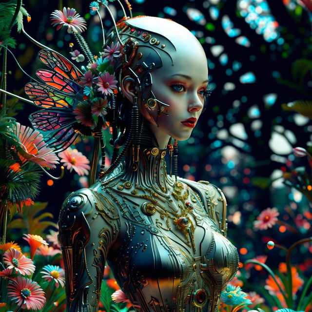 Hyper-realistic 3D photography of a rococo-inspired cyberpunk robotic woman with a mechanical amulet in a vibrant, mechanical flower-filled forest. She embodies an eerie, futuristic elegance with her intricate metallic body and neon-lit attire.