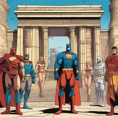 In the comic strip, the superheroes join forces to prevent the secularization of the ancient temple by a villainous organization.