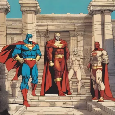 In the comic strip, the superheroes join forces to prevent the secularization of the ancient temple by a villainous organization.