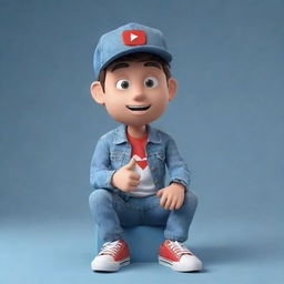 Generate a 3D illustration of an animated character showcasing the YouTube logo, dressed in fashionable casual attire including a denim jacket, sneakers, and a hat, seated while watching the 'medkas' channel.