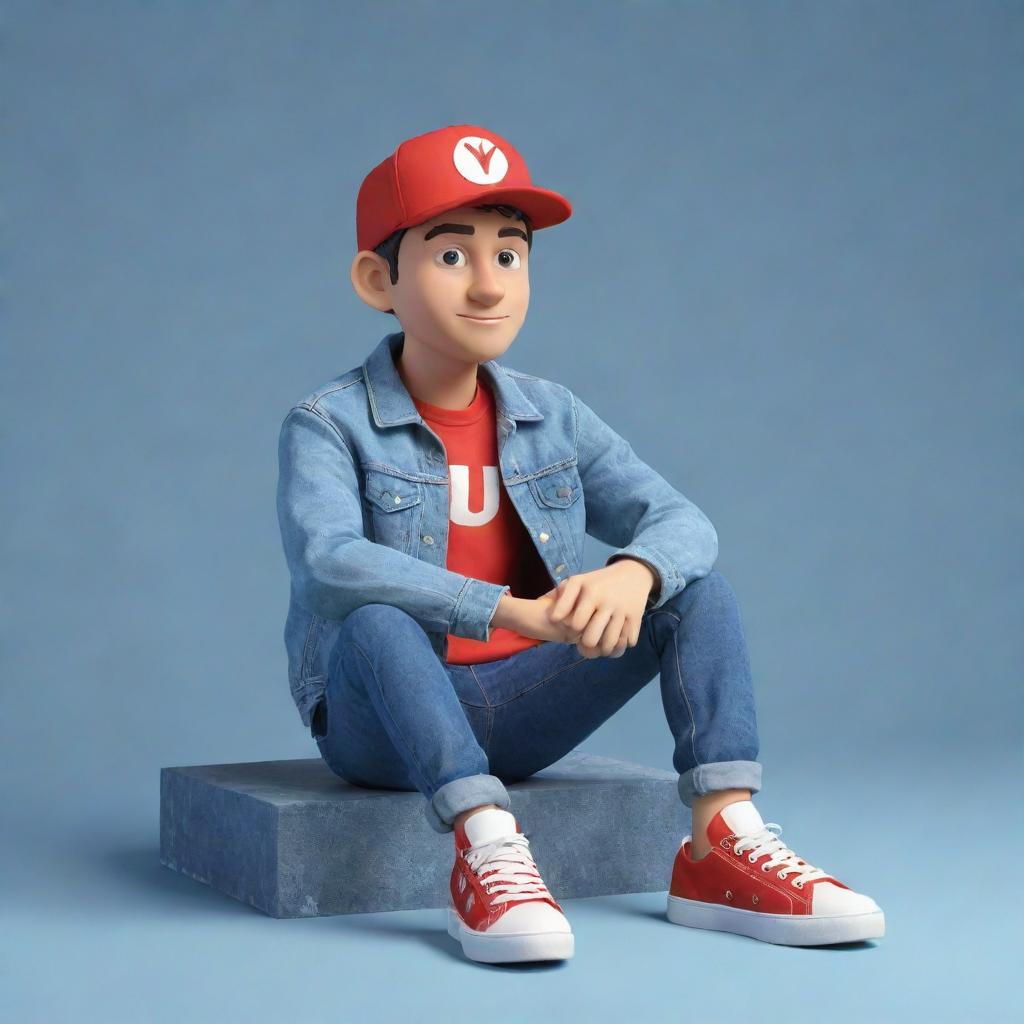 Generate a 3D illustration of an animated character showcasing the YouTube logo, dressed in fashionable casual attire including a denim jacket, sneakers, and a hat, seated while watching the 'medkas' channel.