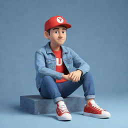 Generate a 3D illustration of an animated character showcasing the YouTube logo, dressed in fashionable casual attire including a denim jacket, sneakers, and a hat, seated while watching the 'medkas' channel.