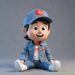 Generate a 3D illustration of an animated character showcasing the YouTube logo, dressed in fashionable casual attire including a denim jacket, sneakers, and a hat, seated while watching the 'medkas' channel.