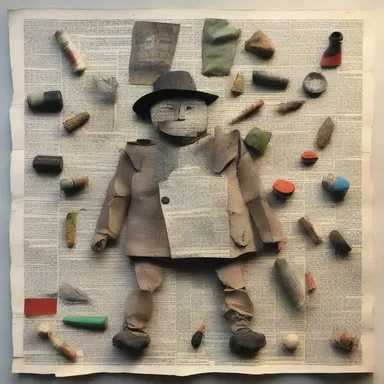 The artist created a collage using various items found by a scavenger, such as old newspaper clippings, bottle caps, and broken toys.