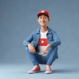 Generate a 3D illustration of an animated character showcasing the YouTube logo, dressed in fashionable casual attire including a denim jacket, sneakers, and a hat, seated while watching the 'medkas' channel.