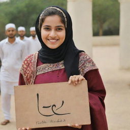 A 20 years old Muslim girl in traditional attire, happily holding a board with the name 'Heer' beautifully written on it