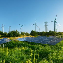 A serene green landscape with renewable energy sources like wind turbines and solar panels, thriving plant life, and clear blue skies implying a green life concept.