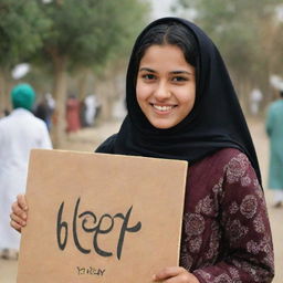 A 20 years old Muslim girl in traditional attire, happily holding a board with the name 'Heer' beautifully written on it