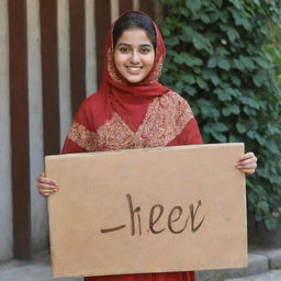 A 20 years old Muslim girl in traditional attire, happily holding a board with the name 'Heer' beautifully written on it