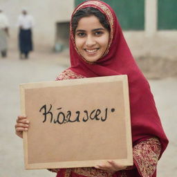 A 20 years old Muslim girl in traditional attire, happily holding a board with the name 'Heer' beautifully written on it