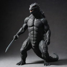 A hybrid creature: the body of Godzilla with sleek, ninja-like accents such as a shinobi shōzoku (ninja outfit), ninja sword strapped to the back, and a ninja mask.