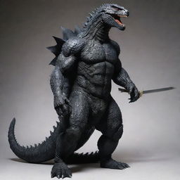 A hybrid creature: the body of Godzilla with sleek, ninja-like accents such as a shinobi shōzoku (ninja outfit), ninja sword strapped to the back, and a ninja mask.