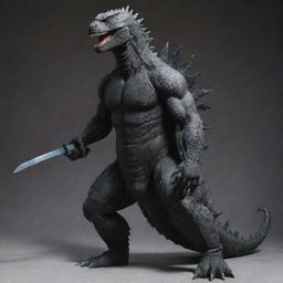 A hybrid creature: the body of Godzilla with sleek, ninja-like accents such as a shinobi shōzoku (ninja outfit), ninja sword strapped to the back, and a ninja mask.