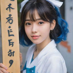 A vibrant image of a 20 years old anime girl with detailed features, holding a board that has the name 'Heer' artistically written on it