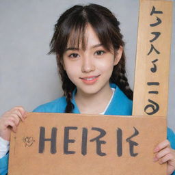 A vibrant image of a 20 years old anime girl with detailed features, holding a board that has the name 'Heer' artistically written on it