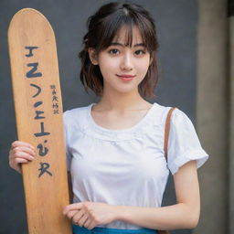 A vibrant image of a 20 years old anime girl with detailed features, holding a board that has the name 'Heer' artistically written on it