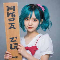 A vibrant image of a 20 years old anime girl with detailed features, holding a board that has the name 'Heer' artistically written on it