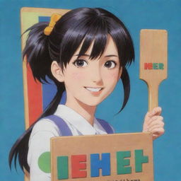 A colorful image depicting a 20 years old anime girl, detailed with lively expressions, holding a board where 'HEER' is prominently and creatively inscribed