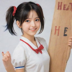 A colorful image depicting a 20 years old anime girl, detailed with lively expressions, holding a board where 'HEER' is prominently and creatively inscribed