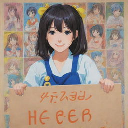 A colorful image depicting a 20 years old anime girl, detailed with lively expressions, holding a board where 'HEER' is prominently and creatively inscribed