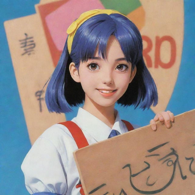 A colorful image depicting a 20 years old anime girl, detailed with lively expressions, holding a board where 'HEER' is prominently and creatively inscribed