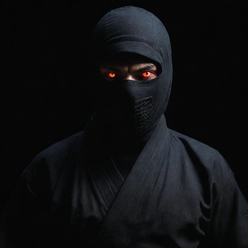 A stealthy ninja wearing a traditional karate uniform, complete with striking, devilish red eyes glowing ominously in the shadows.