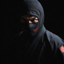 A stealthy ninja wearing a traditional karate uniform, complete with striking, devilish red eyes glowing ominously in the shadows.