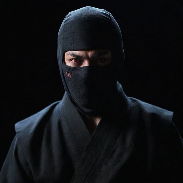 A stealthy ninja wearing a traditional karate uniform, complete with striking, devilish red eyes glowing ominously in the shadows.